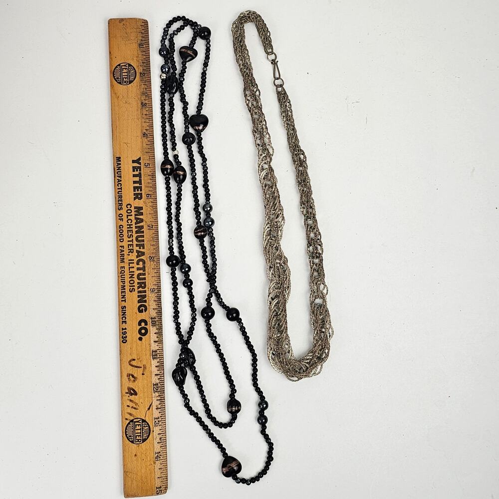 Lot two VTG necklaces silver linked metal 24" one glass and pearl bead 60"